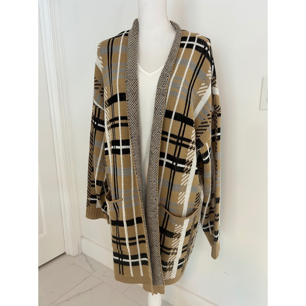 By Design Women Tan Black Plaid Open Front Longline Cardigan Sweater 2X Pockets